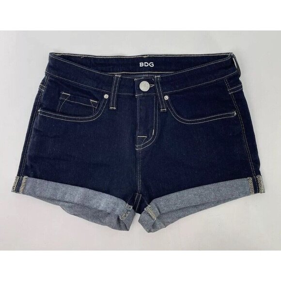 BDG Womens Mid Rise Shortie Shorts Dark‎ Wash Stretch Denim Cuffed Size 24w - Picture 1 of 8